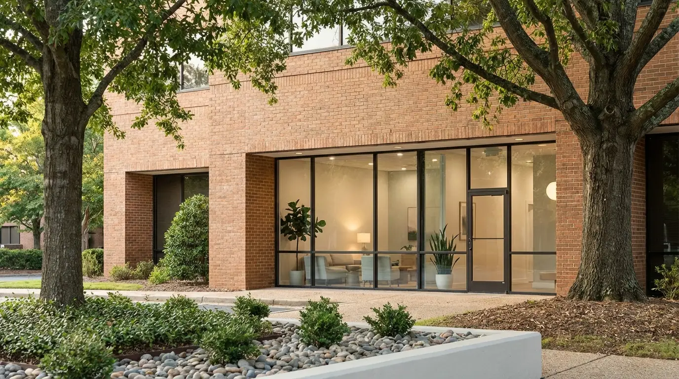 Modern Raleigh dental practice in North Hills or Five Points with warm NC light and brick exterior and pine trees