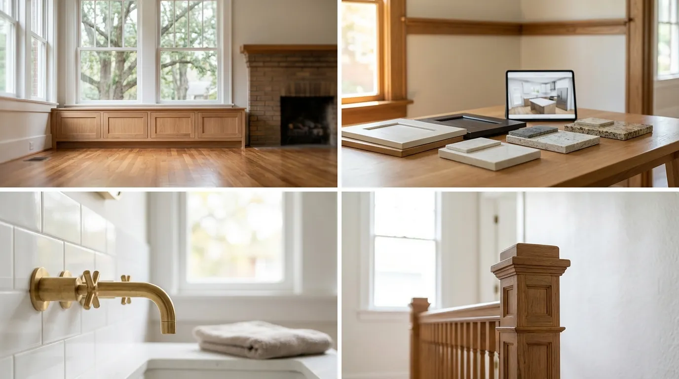 Five Points Raleigh craftsman bungalow kitchen renovation with original hardwood floors and new custom cabinetry in warm NC light