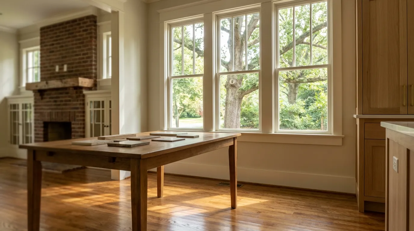 Five Points Raleigh craftsman bungalow kitchen renovation with original hardwood floors and new custom cabinetry in warm NC light