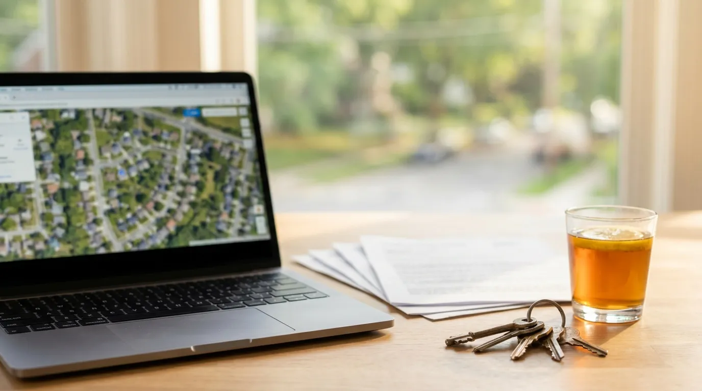 Five Points Raleigh craftsman bungalow with mature oak trees and brick sidewalk under warm Carolina afternoon light with for sale sign