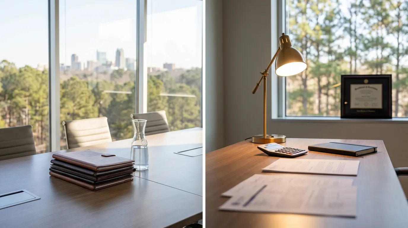 Raleigh financial advisory office in a modern RTP-area office park with pine forest views and crisp Carolina blue sky light