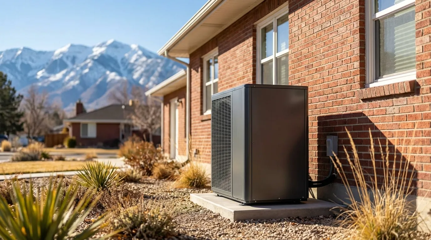 Modern heat pump unit beside a Salt Lake City brick bungalow with snow-capped Wasatch Mountains dramatically visible in the background