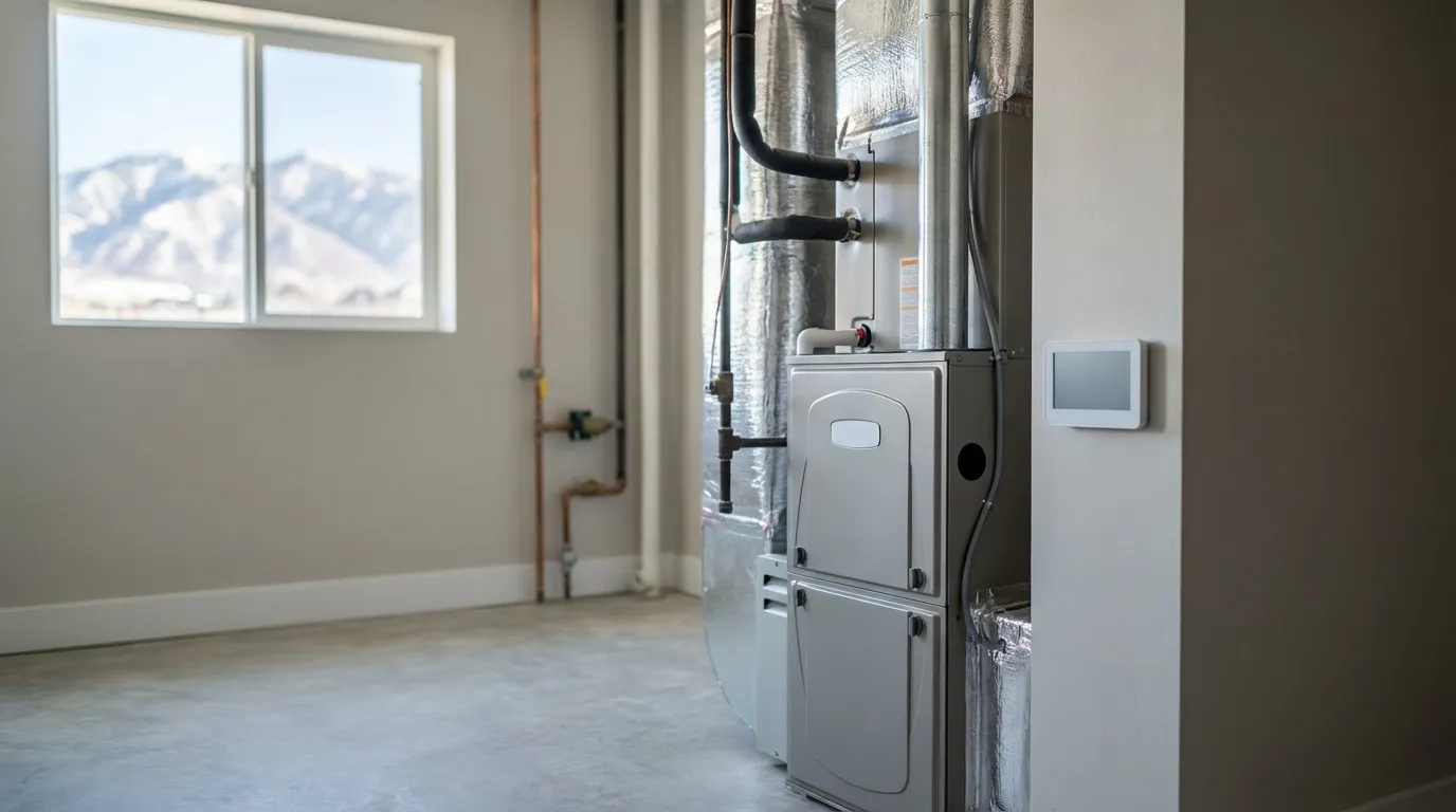 Modern heat pump unit beside a Salt Lake City brick bungalow with snow-capped Wasatch Mountains dramatically visible in the background