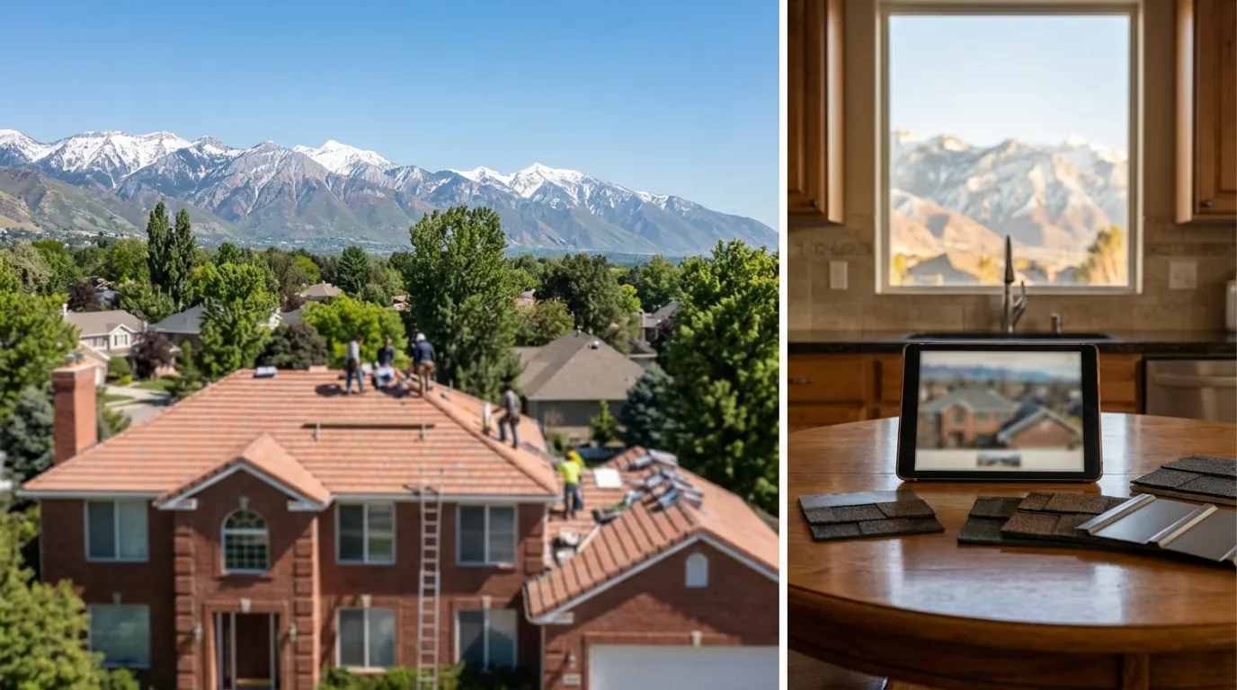 Roofing crew working on a Salt Lake City suburban home with snow-capped Wasatch Mountains dramatically visible in brilliant Utah sunshine