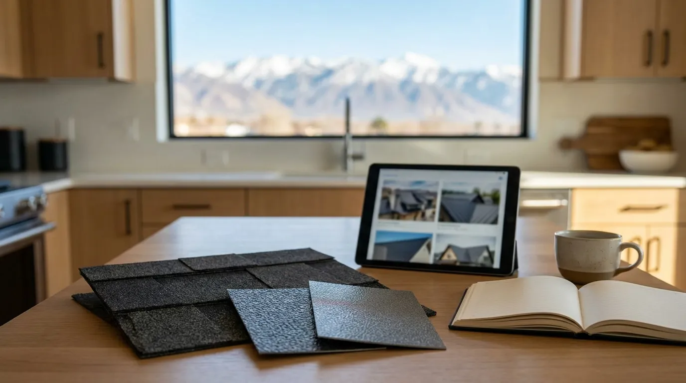 Roofing crew working on a Salt Lake City suburban home with snow-capped Wasatch Mountains dramatically visible in brilliant Utah sunshine