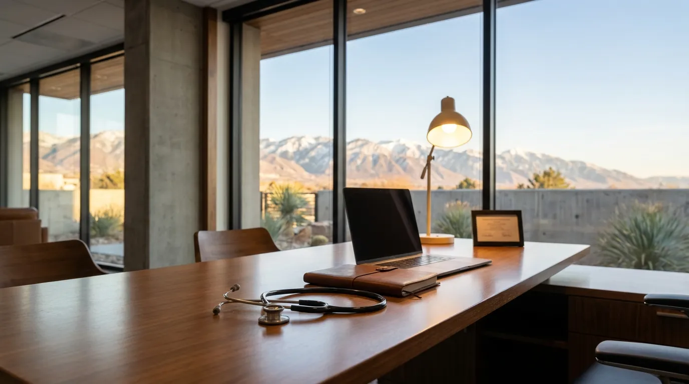 Modern independent medical practice in Salt Lake City office park with Wasatch Mountains dramatically visible through large windows and brilliant Utah desert light