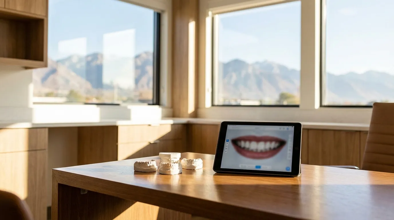 Modern Salt Lake City dental practice with Wasatch Mountains dramatically visible through large windows and brilliant Utah desert light