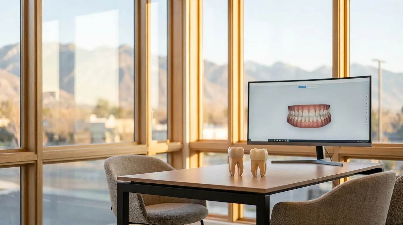 Modern Salt Lake City dental practice with Wasatch Mountains dramatically visible through large windows and brilliant Utah desert light
