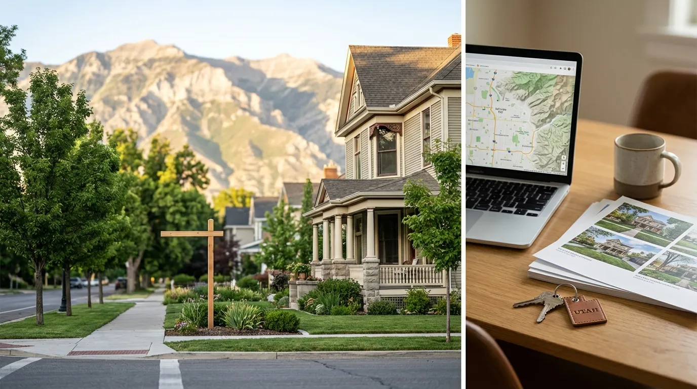 Salt Lake City Avenues Victorian home with Wasatch Mountains dramatically visible and brilliant Utah sunshine on brick facade with for sale sign