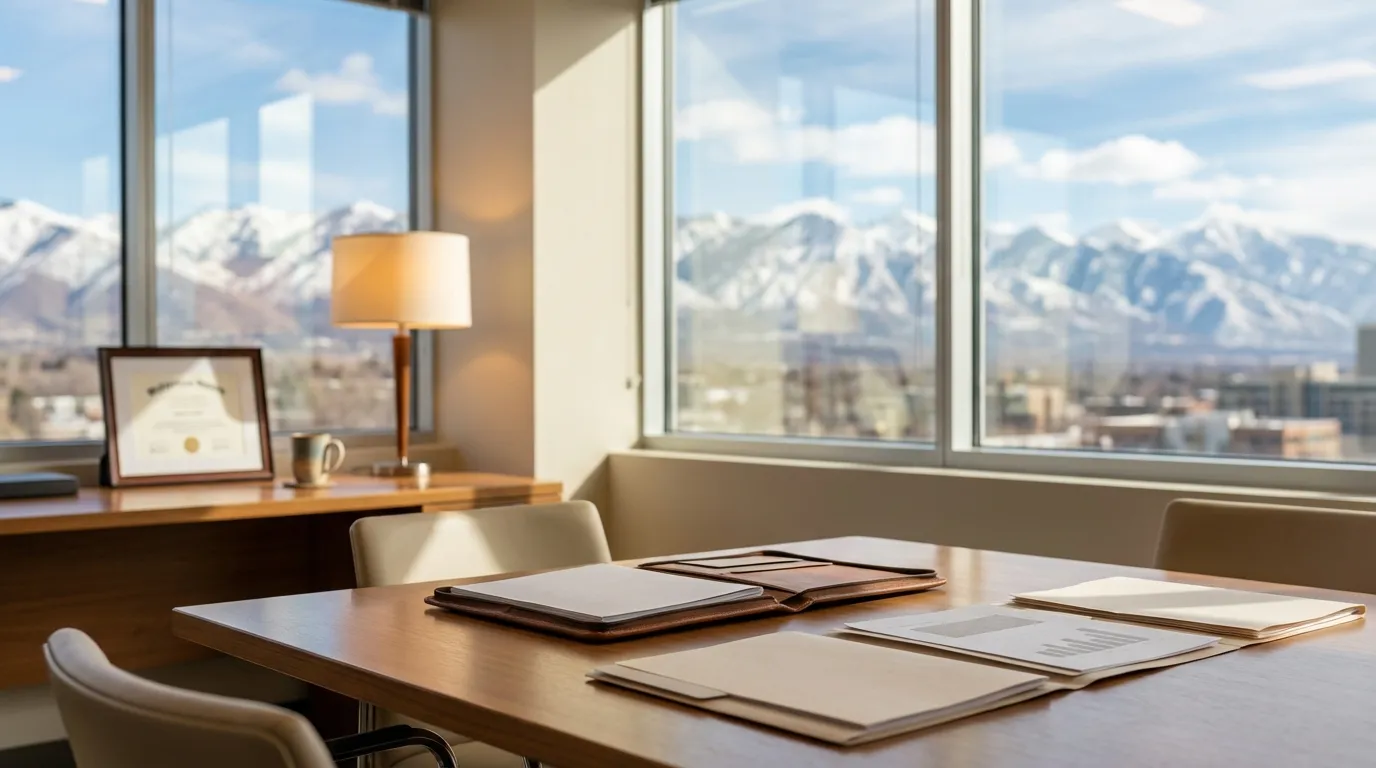 Salt Lake City financial advisory office with floor-to-ceiling windows showing snow-capped Wasatch Mountains dramatically in brilliant Utah desert light