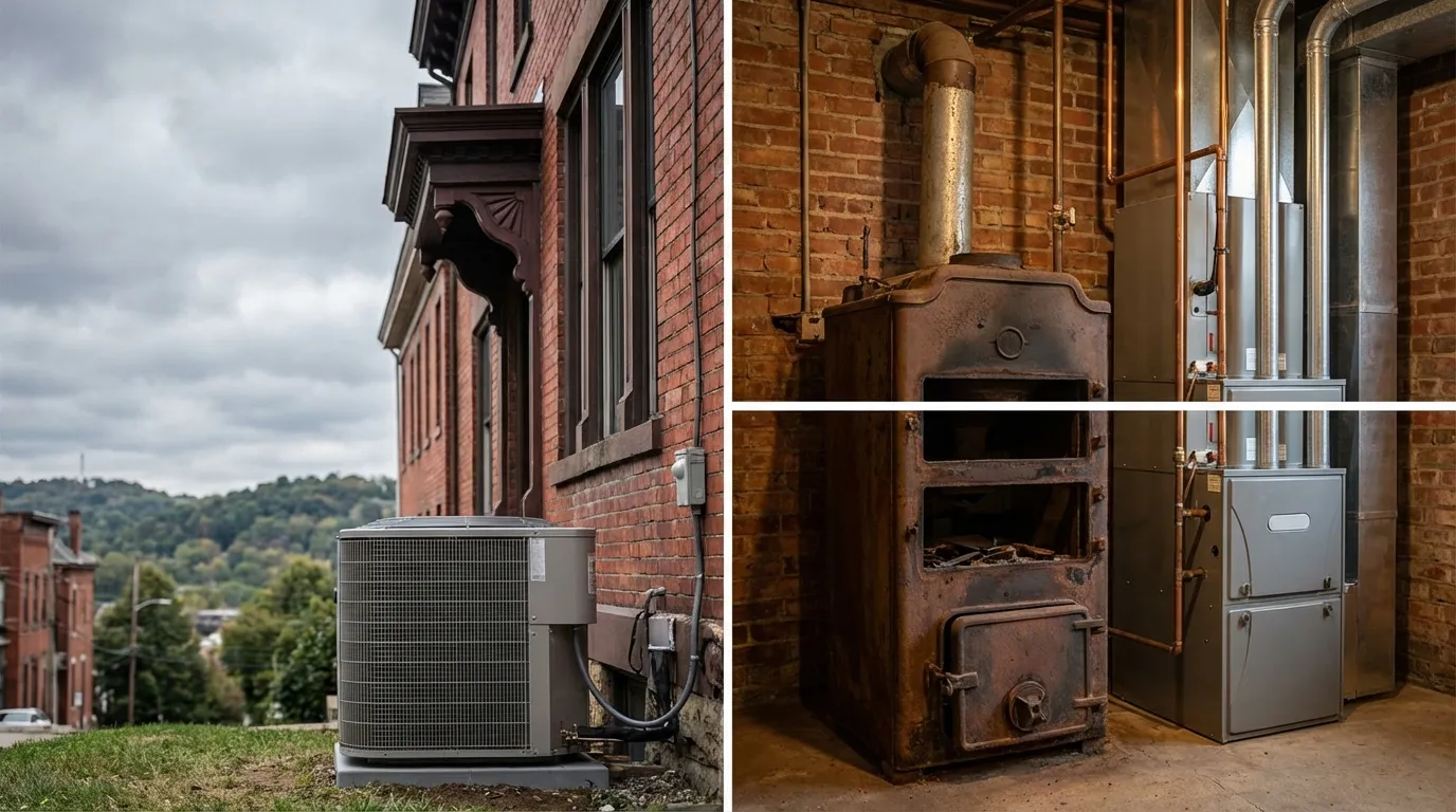 Modern high-efficiency furnace installed in a Pittsburgh brick row house basement with characteristic Pittsburgh hill neighborhood visible through a small window