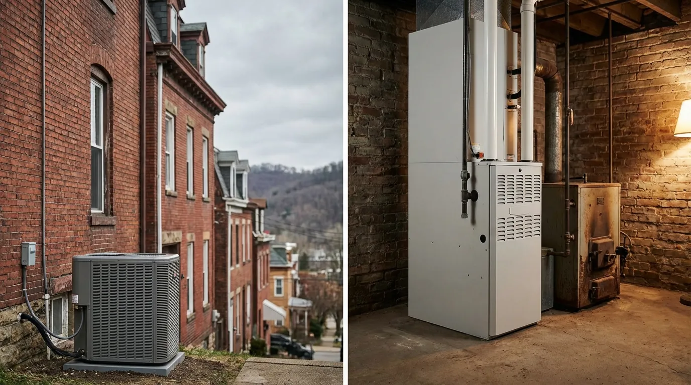 Modern high-efficiency furnace installed in a Pittsburgh brick row house basement with characteristic Pittsburgh hill neighborhood visible through a small window