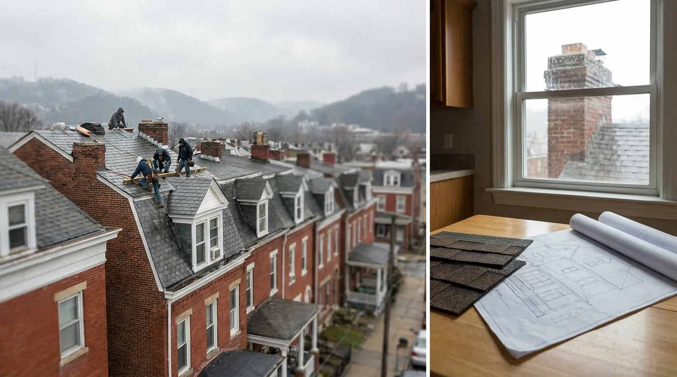 Roofing crew working on a Pittsburgh brick row house on a characteristic grey Pittsburgh day with dense hillside neighborhood and three rivers bridge visible in background