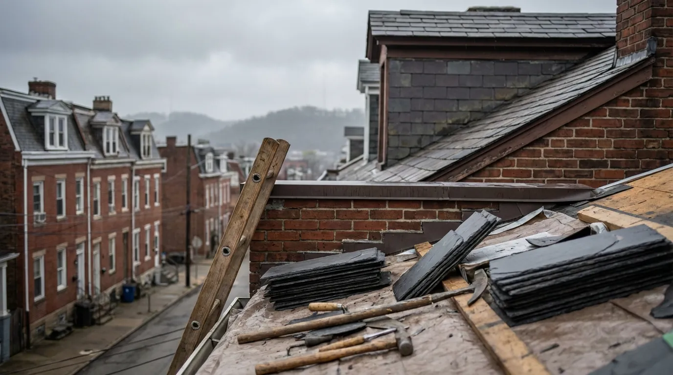 Roofing crew working on a Pittsburgh brick row house on a characteristic grey Pittsburgh day with dense hillside neighborhood and three rivers bridge visible in background