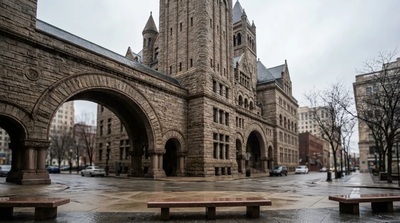 Allegheny County Courthouse in downtown Pittsburgh with Richardsonian Romanesque architecture and Pittsburgh bridge visible in background under characteristic grey Pittsburgh sky