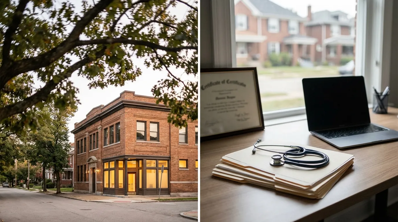 Modern independent medical practice in Pittsburgh's Shadyside or Squirrel Hill neighborhood with brick building and Pittsburgh hill neighborhood visible through windows