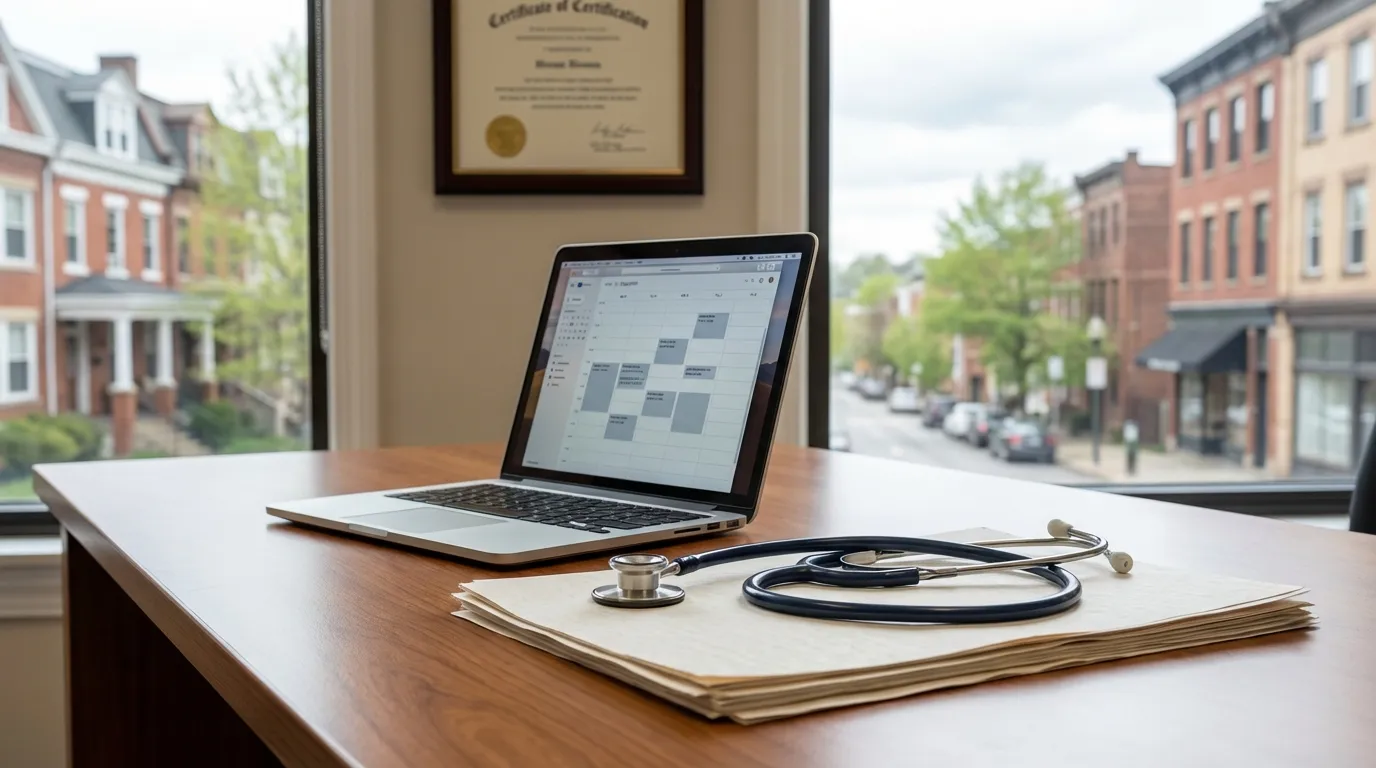 Modern independent medical practice in Pittsburgh's Shadyside or Squirrel Hill neighborhood with brick building and Pittsburgh hill neighborhood visible through windows