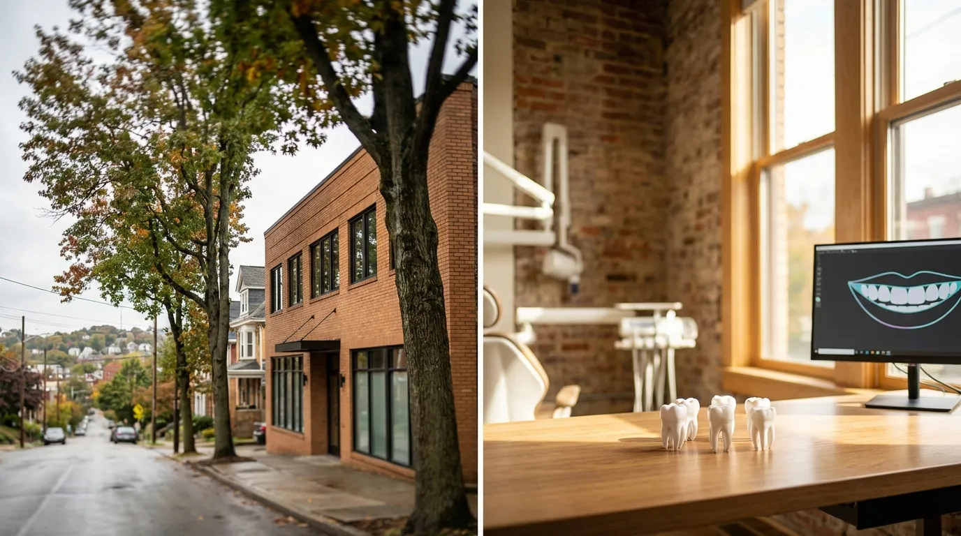 Modern Pittsburgh dental practice in a Shadyside or Squirrel Hill brick building with Pittsburgh's characteristic overcast light and residential-commercial streetscape visible
