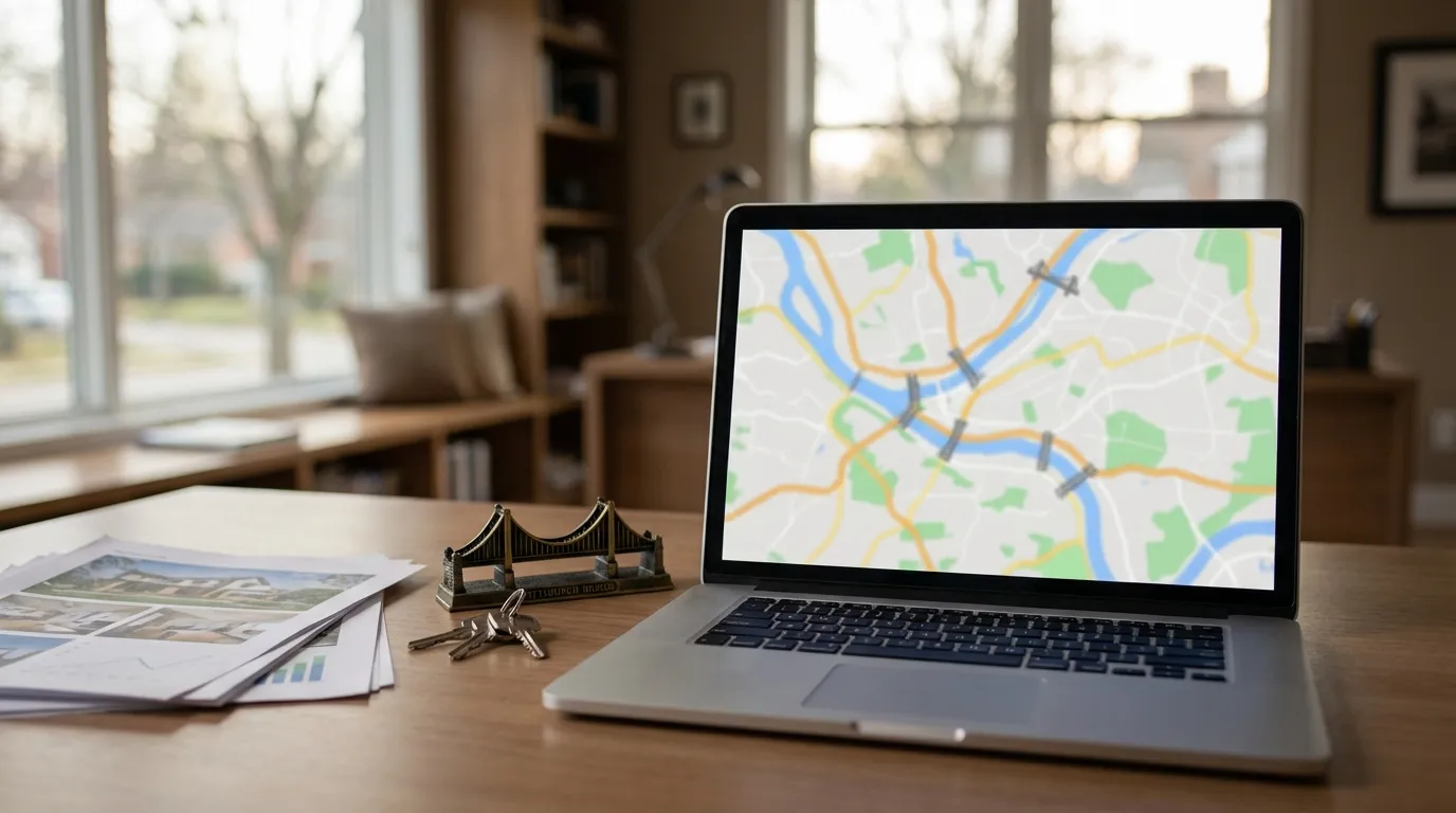 Squirrel Hill Pittsburgh home with brick facade and mature tree canopy on a characteristic grey Pittsburgh day with for sale sign visible
