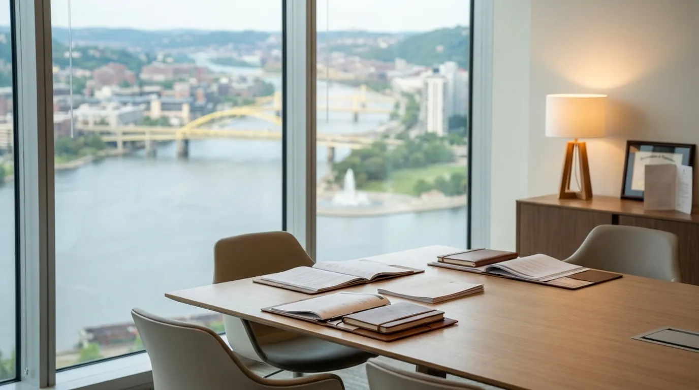 Pittsburgh financial advisory office with floor-to-ceiling windows showing the three rivers confluence and Pittsburgh skyline at Point State Park under characteristic grey Pittsburgh sky