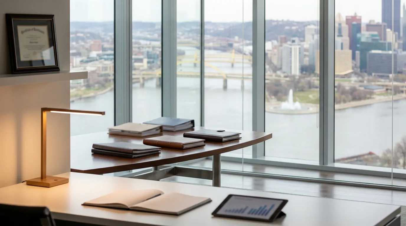 Pittsburgh financial advisory office with floor-to-ceiling windows showing the three rivers confluence and Pittsburgh skyline at Point State Park under characteristic grey Pittsburgh sky