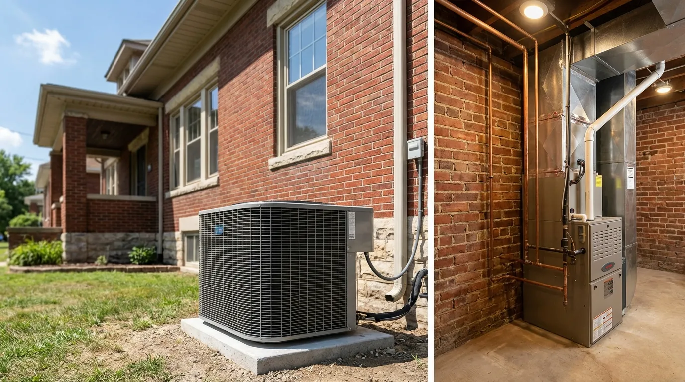 Professional HVAC condenser installation beside a red brick St. Louis bungalow with limestone trim