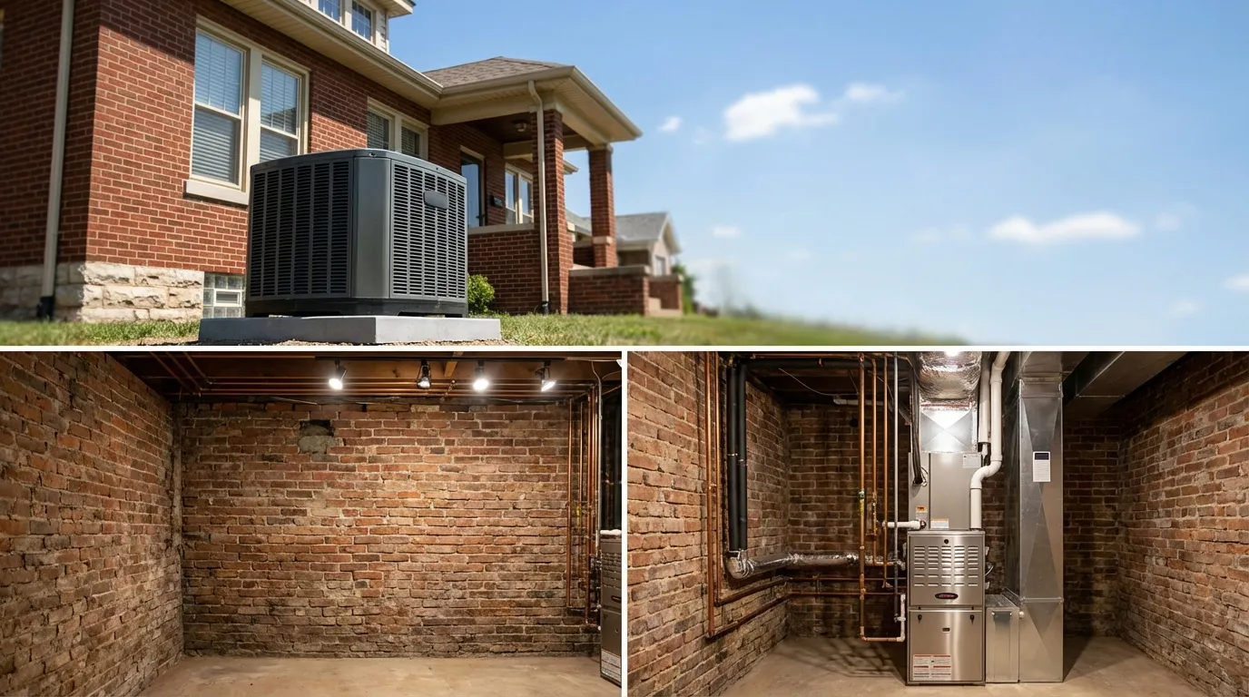 Professional HVAC condenser installation beside a red brick St. Louis bungalow with limestone trim