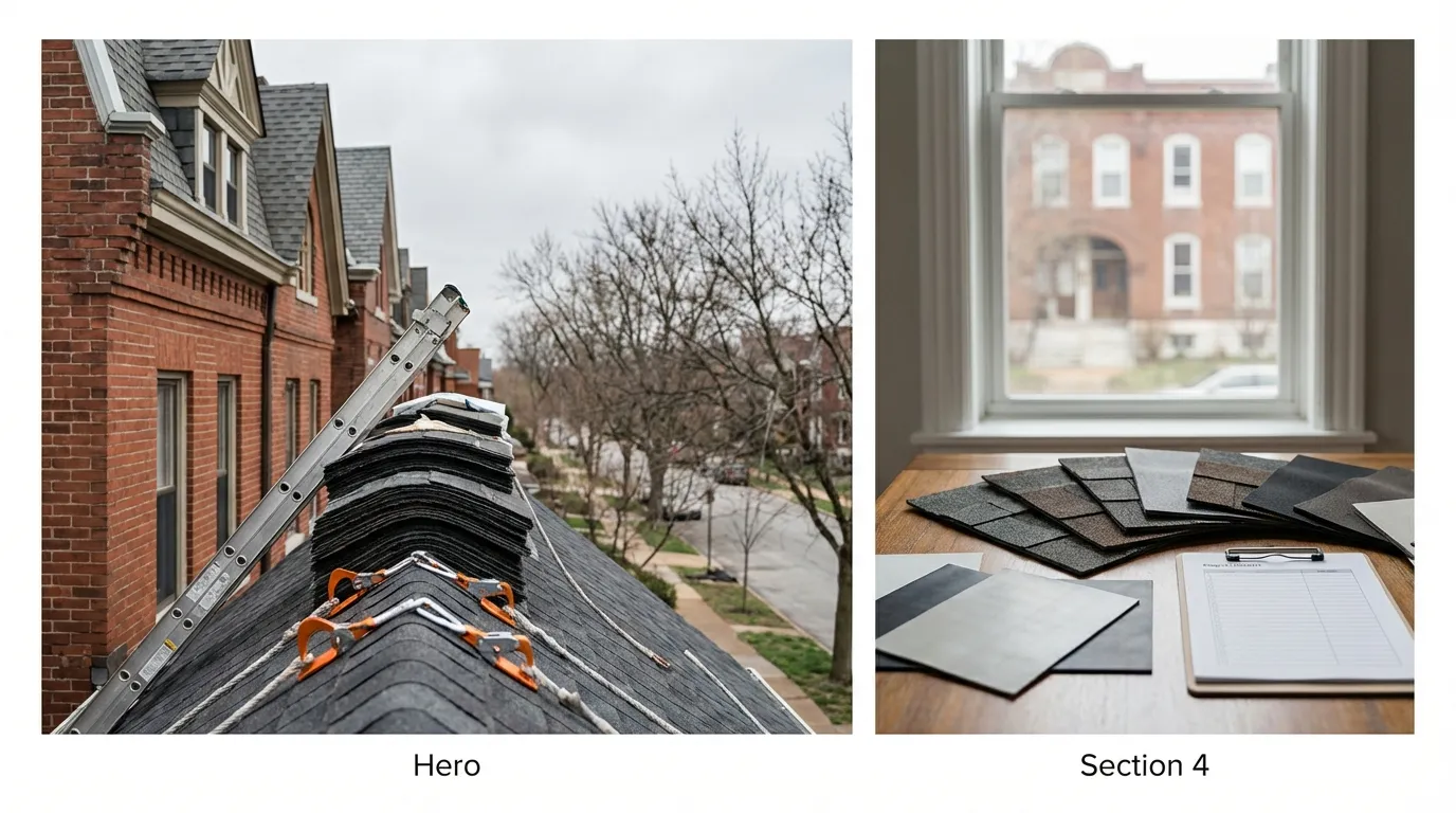 Professional roofing materials staged on a classic St. Louis brick home with Victorian gabled dormers under overcast spring sky