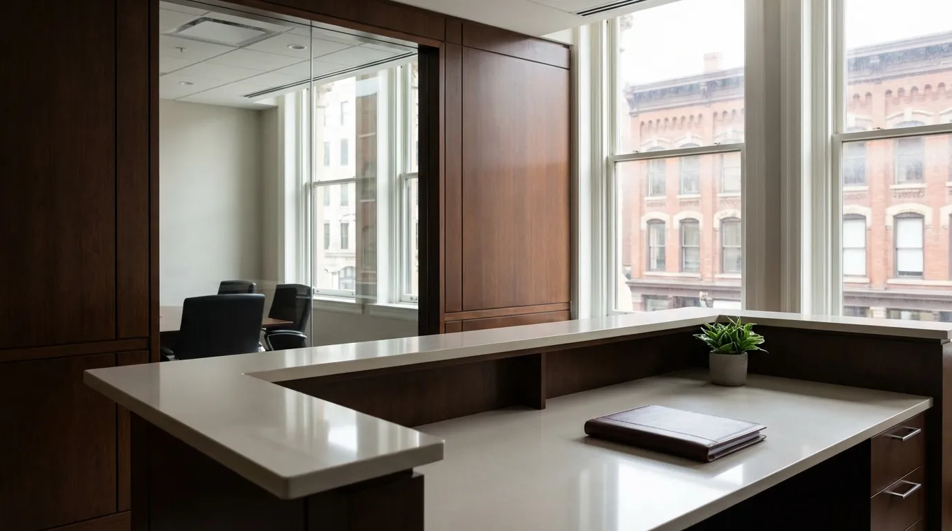 Professional legal consultation desk with leather portfolio in a modern St. Louis law office with courthouse view through tall windows
