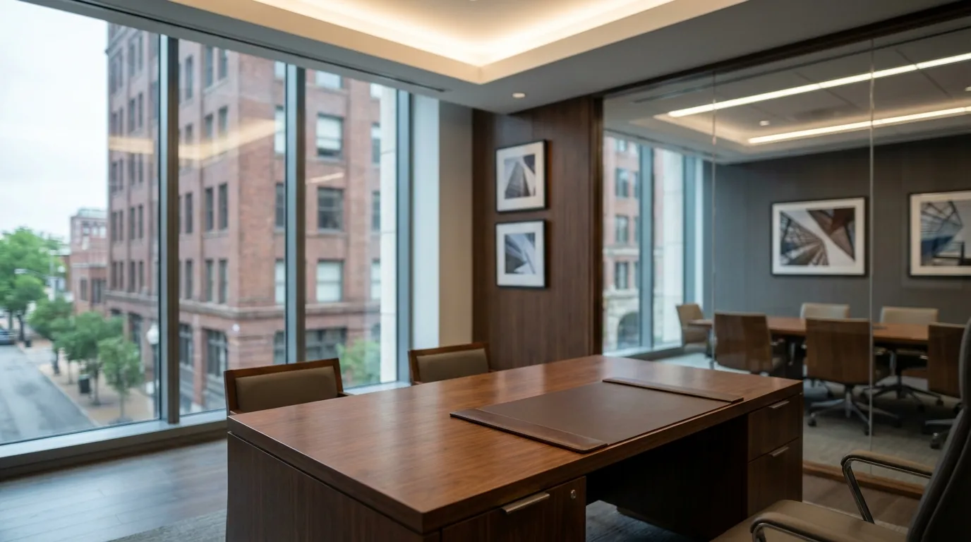 Professional legal consultation desk with leather portfolio in a modern St. Louis law office with courthouse view through tall windows