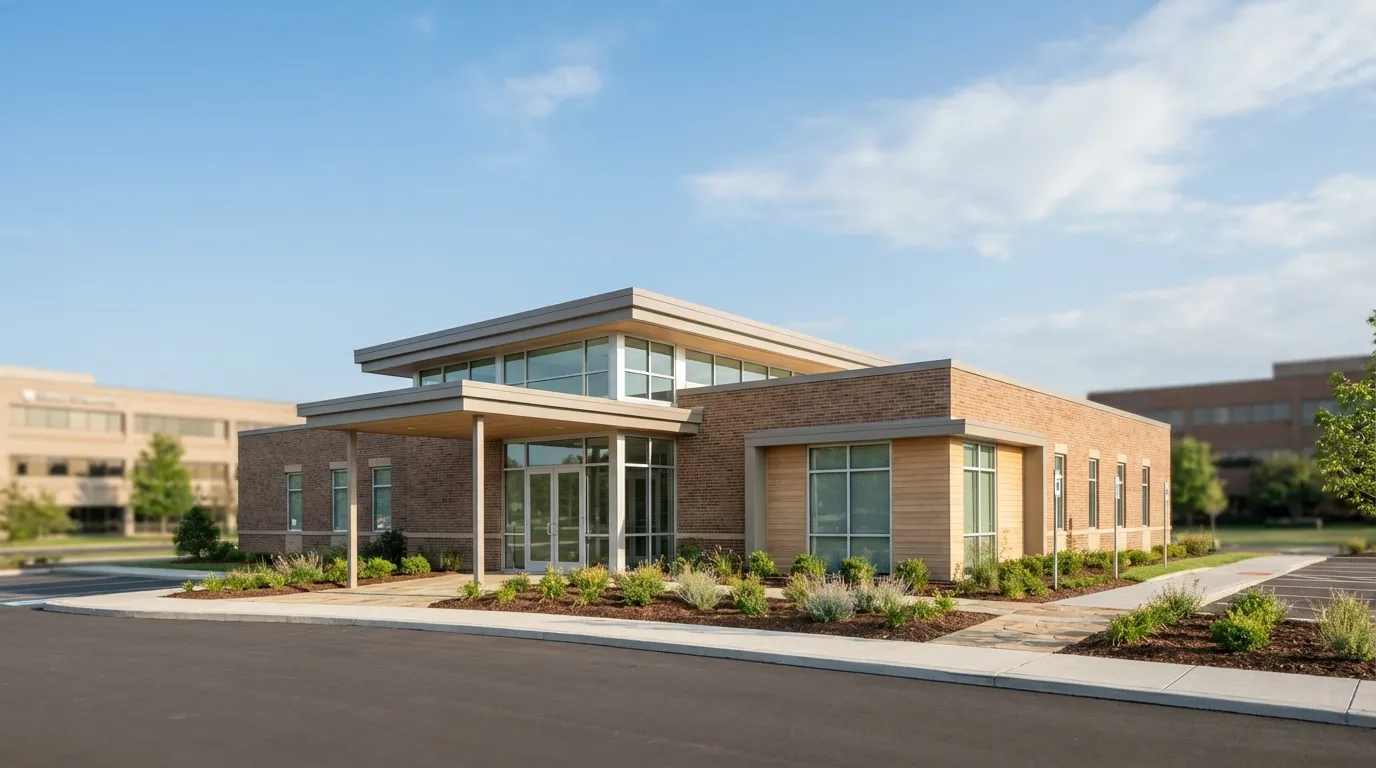Modern independent dental practice exterior in a St. Louis suburban professional park under bright Midwest afternoon light