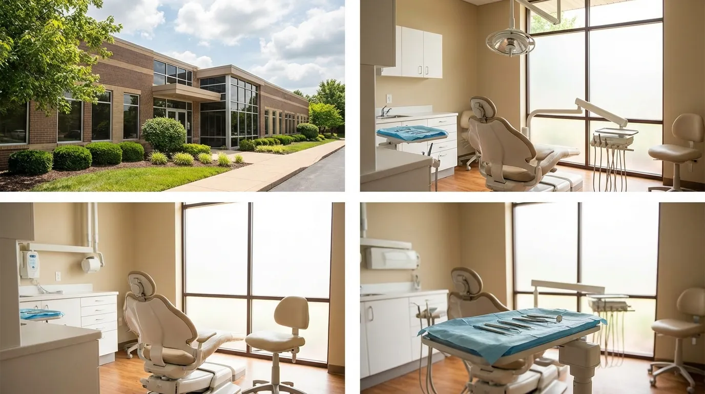 Modern independent dental practice exterior in a St. Louis suburban professional park under bright Midwest afternoon light