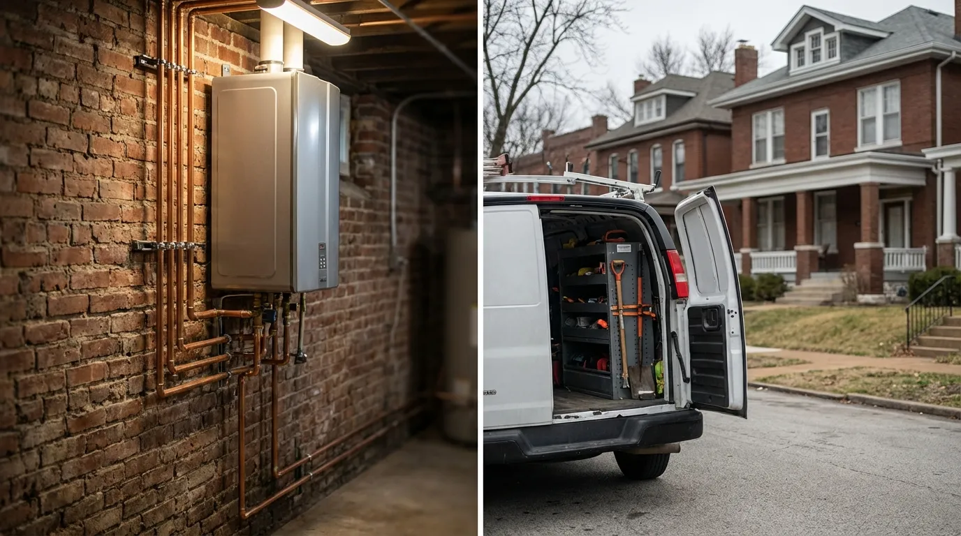 Modern plumbing installation with copper pipes against original red brick basement wall in a St. Louis bungalow