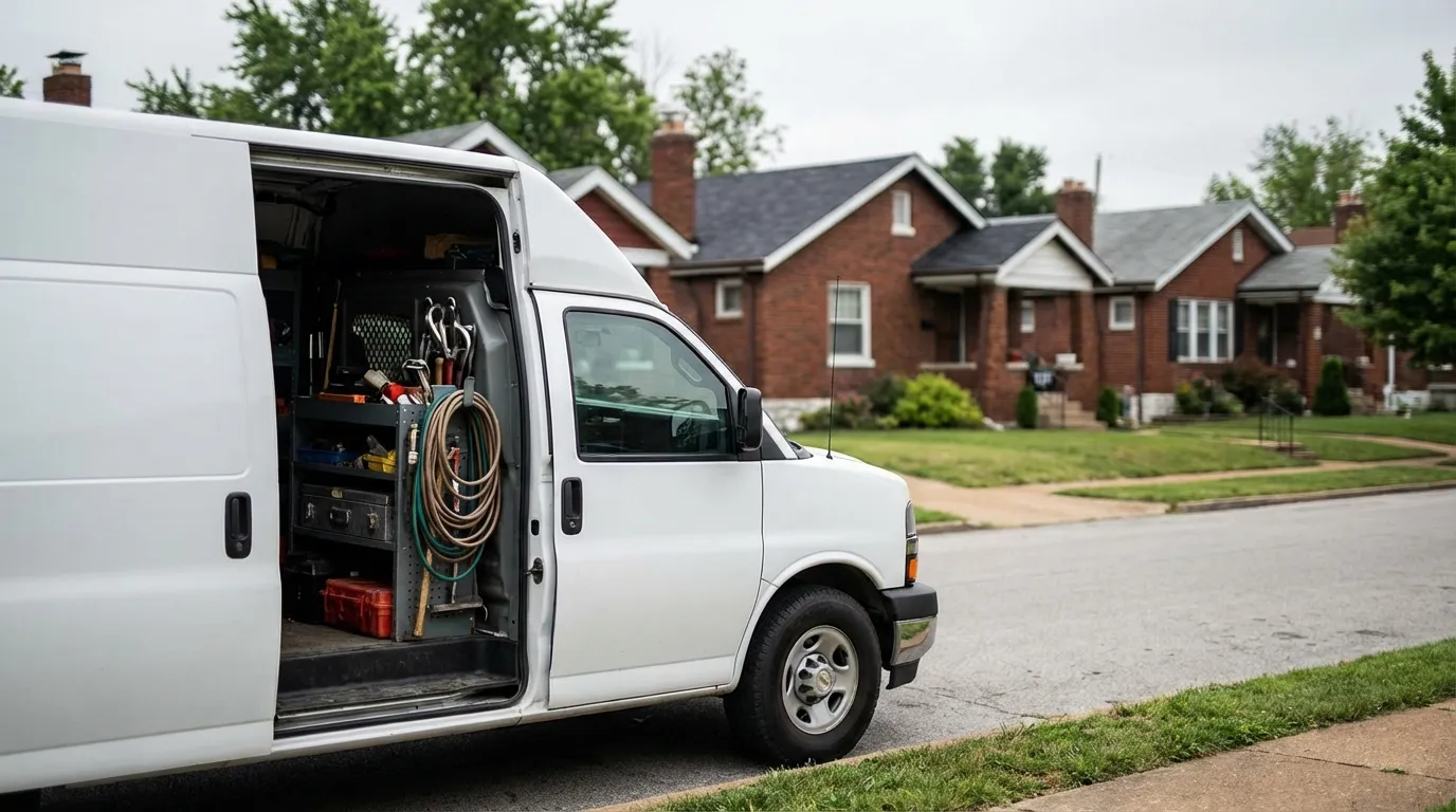 Modern plumbing installation with copper pipes against original red brick basement wall in a St. Louis bungalow