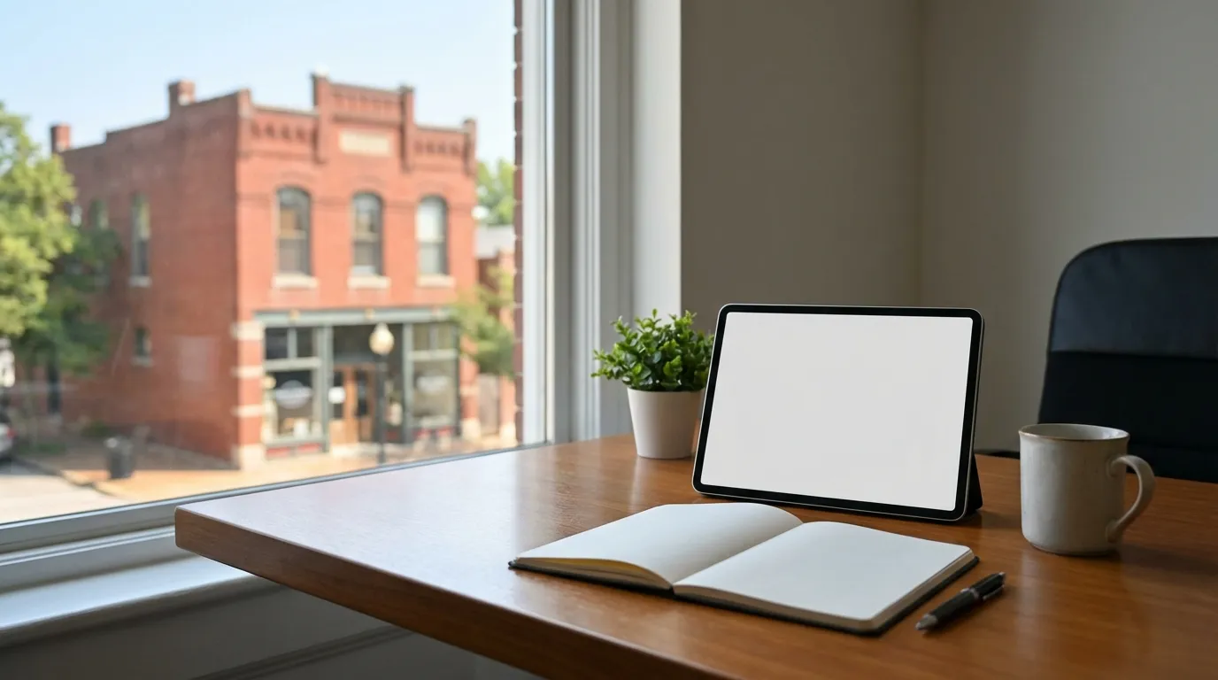 Classic St. Louis red brick bungalow with covered front porch and stone trim on a leafy south St. Louis residential street in spring