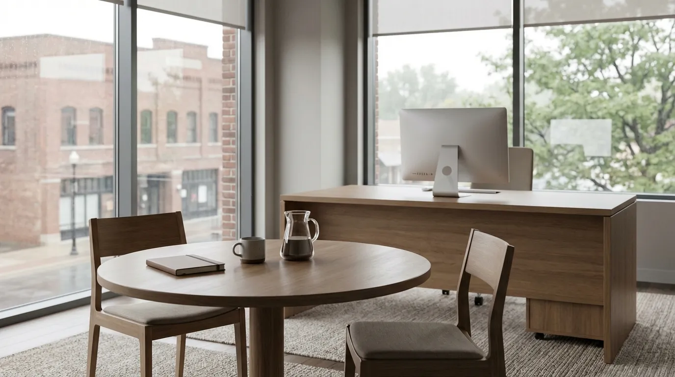 Professional financial advisory office in Clayton MO with large windows showing leafy St. Louis County street view and clean minimalist desk