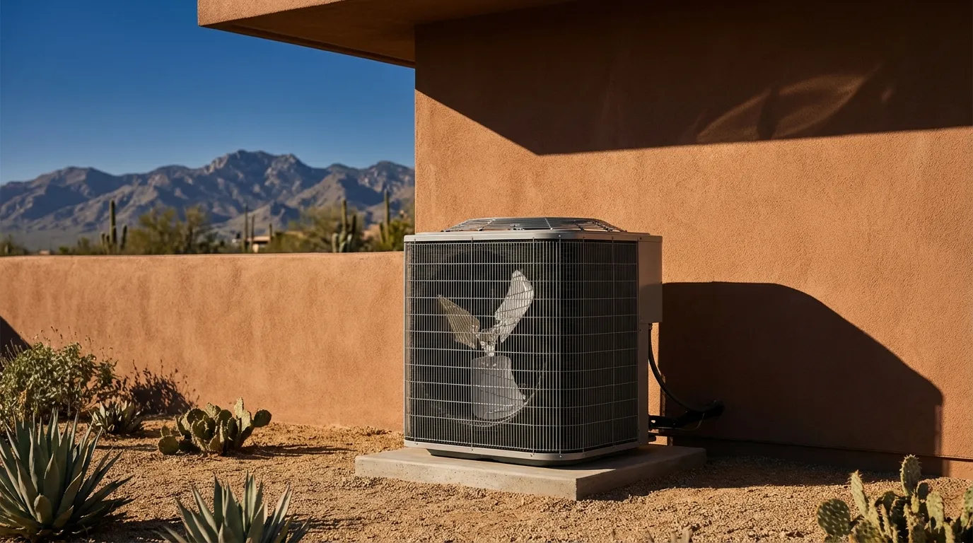 Professional HVAC technician servicing a rooftop air conditioning unit in Tucson, AZ, with the Santa Catalina Mountains and Sonoran Desert visible in the background