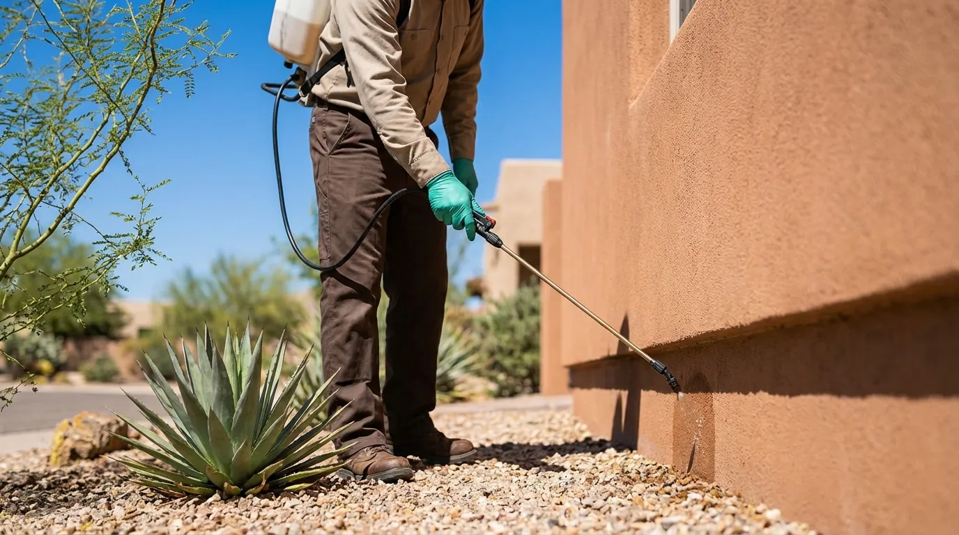 Professional pest control technician applying scorpion barrier treatment along the exterior foundation of a Tucson, AZ home with native desert landscaping and cobalt blue sky