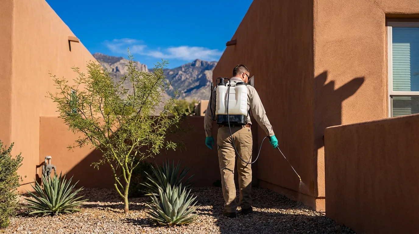 Professional pest control technician applying scorpion barrier treatment along the exterior foundation of a Tucson, AZ home with native desert landscaping and cobalt blue sky