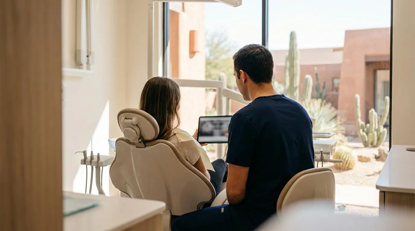 Professional dentist in a modern Tucson, AZ dental office consulting with a patient, bright natural light and Sonoran Desert courtyard visible through the window