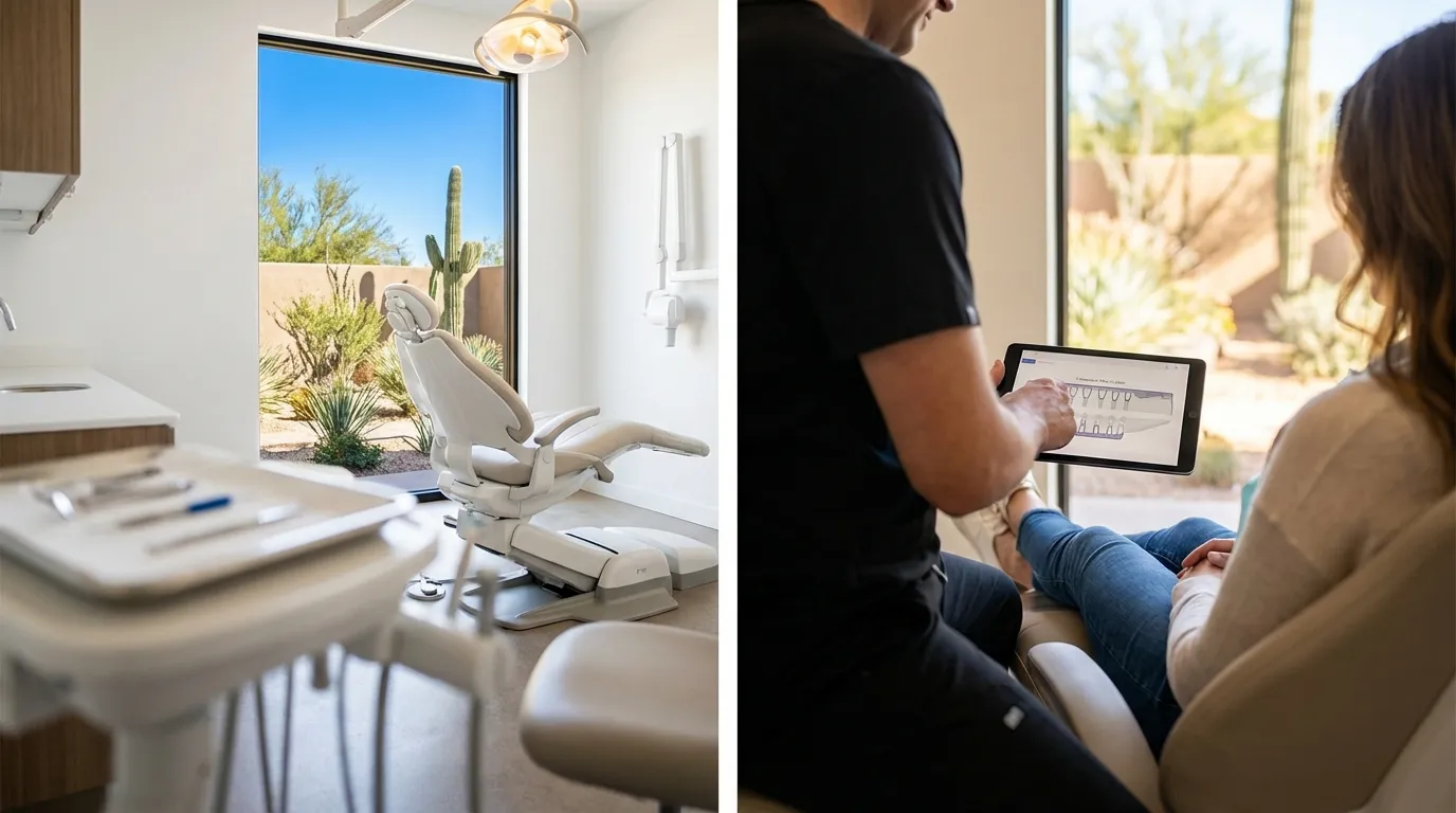 Professional dentist in a modern Tucson, AZ dental office consulting with a patient, bright natural light and Sonoran Desert courtyard visible through the window