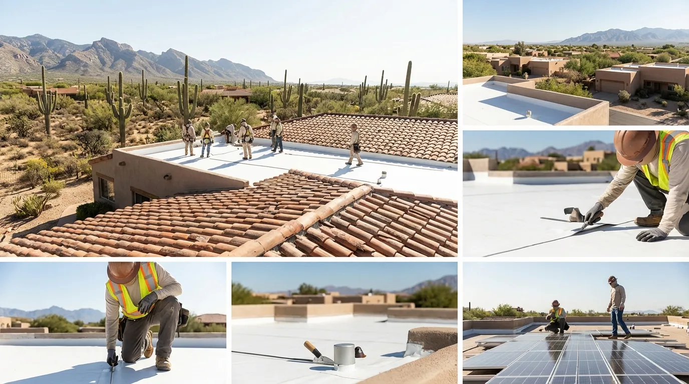 Professional roofing contractor inspecting a flat roof membrane on a Tucson, AZ residential home with the Santa Catalina Mountains and Sonoran Desert landscape visible in the background