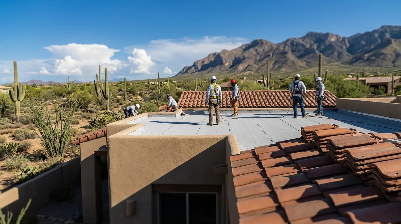 Professional roofing contractor inspecting a flat roof membrane on a Tucson, AZ residential home with the Santa Catalina Mountains and Sonoran Desert landscape visible in the background