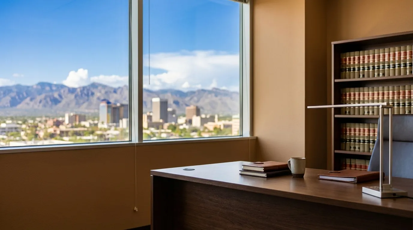 Professional law office consultation in Tucson, AZ β attorney and client at a conference table with the Catalina Mountains visible through large windows
