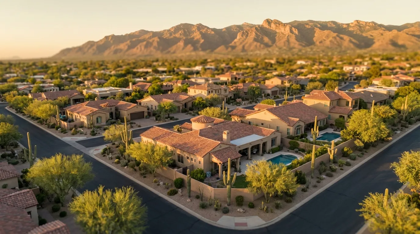 Aerial drone view of Tucson residential neighborhood at golden hour β Spanish tile rooflines, swimming pools, saguaro cacti, Santa Catalina Mountains in the background