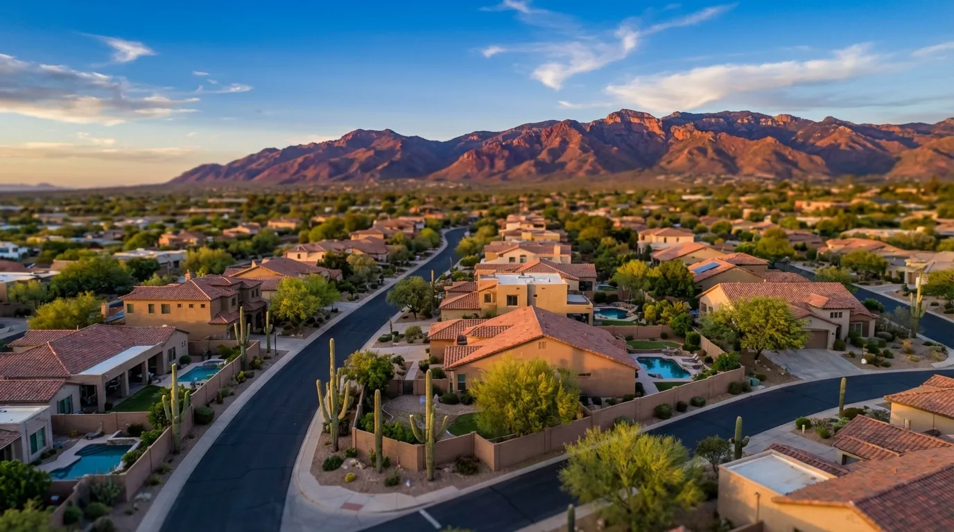 Aerial drone view of Tucson residential neighborhood at golden hour β Spanish tile rooflines, swimming pools, saguaro cacti, Santa Catalina Mountains in the background