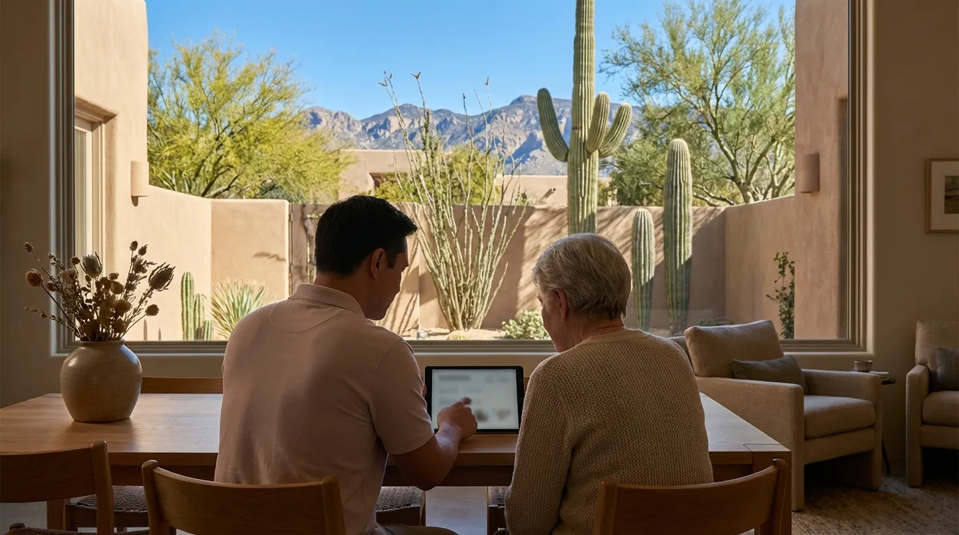 Professional caregiver and senior woman sitting together at a sunny table in a Tucson home, reviewing a tablet, desert courtyard with native plants visible through the window