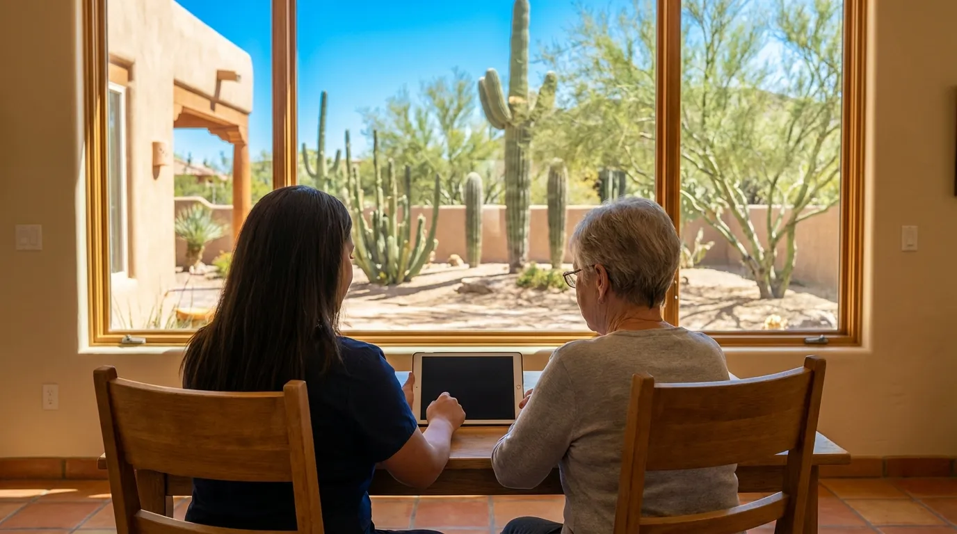Professional caregiver and senior woman sitting together at a sunny table in a Tucson home, reviewing a tablet, desert courtyard with native plants visible through the window