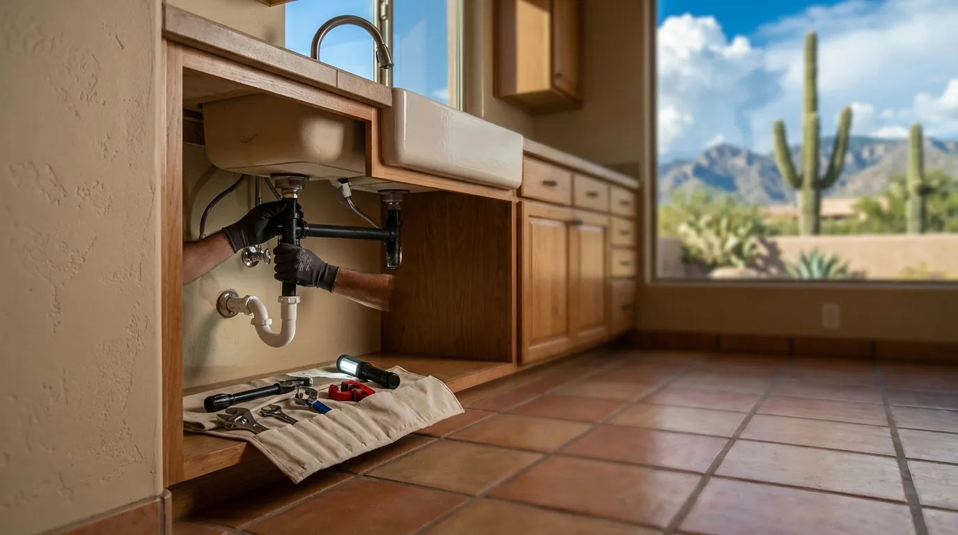 Professional plumber in uniform working under a kitchen sink in a Tucson home with Southwestern design elements — terracotta tile floor, stucco walls, tools laid out on a drop cloth