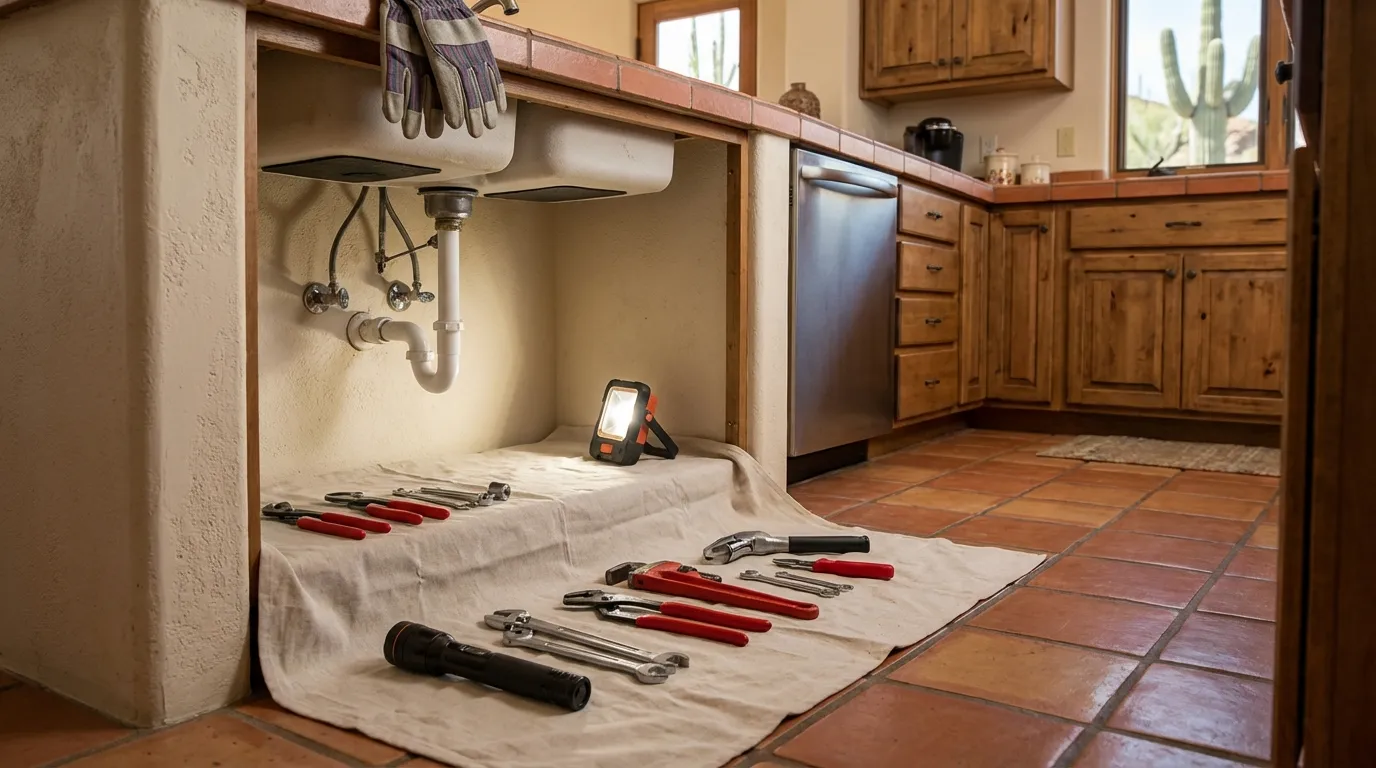 Professional plumber in uniform working under a kitchen sink in a Tucson home with Southwestern design elements β terracotta tile floor, stucco walls, tools laid out on a drop cloth